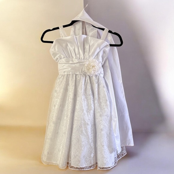 White Flower Girl Communion Dress w satin scarf Size 5-6 Wedding Baptism
